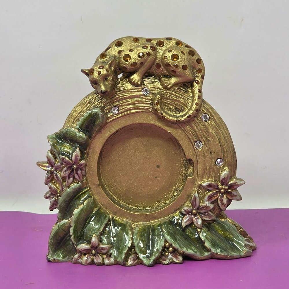 Leopard-Inspired Decorative Metal Photo Frame Gold Finish Floral Enamel Accents